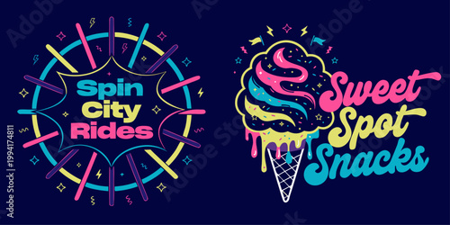 A colorful vector graphic illustration of two fun food and ride logos with vibrant designs and text