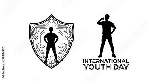 International Youth Day graphic featuring silhouettes of empowered youth and a circuit board shield design.