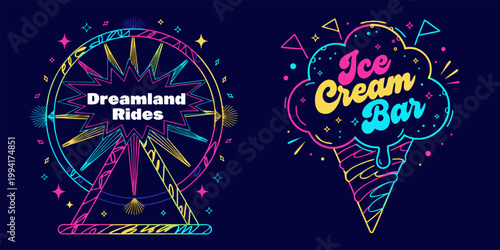 A vibrant vector graphic illustration of a Ferris wheel and ice cream cone on a dark blue background