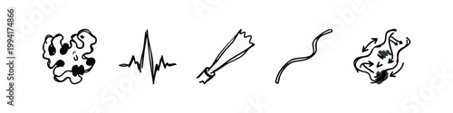 Cell, Heartbeat, Medical Instruments, DNA Strand Icons - Black and White Sketch