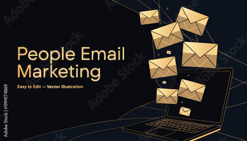 A vector illustration of a laptop with envelopes flying out, representing people email marketing.