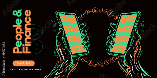 A vector illustration of two hands holding smartphones with a finance theme, surrounded by dollar signs on a black background.