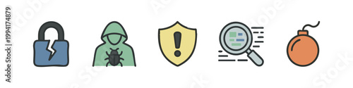 Color cybersecurity icons: broken lock, hacker, shield, virus scan, bomb