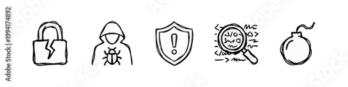 Broken Lock, Hacker, Shield with Exclamation Mark, Magnifying Glass, Bomb Icons