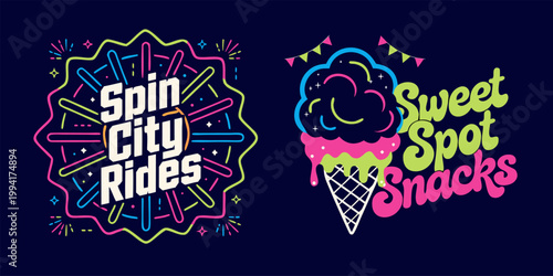 A colorful vector graphic illustration of two fun food and ride logos with vibrant designs and text