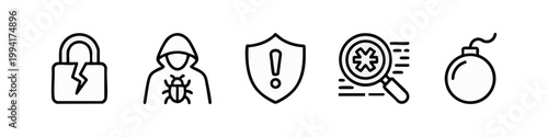 Cybersecurity icons: broken lock, hacker, shield, virus scan, bomb