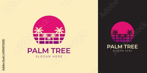 Modern Minimalist Palm Tree Sunset Tropical Nature Landscape Logo Design