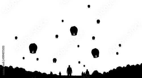 People watching sky lanterns silhouette vector illustration