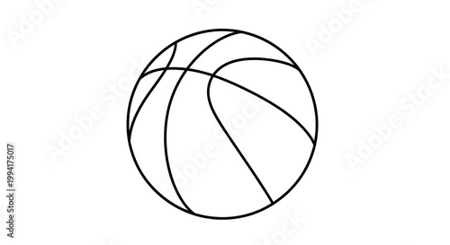 A simple black and white line drawing depicts a classic basketball with visible paneling details high quality professional