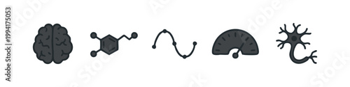 Set of 5 colored icons for brain and mind: brain, molecule, wave, gauge, neuron