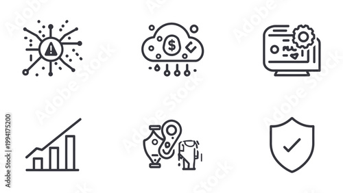 Digital Transformation Icons: A collection of concise line art icons representing diverse facets of digital transformation, including network security, cloud computing, data analysis, and protection.