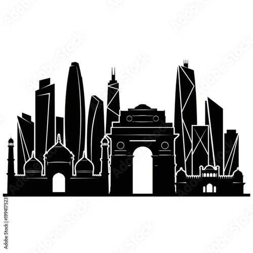 A black and white vector graphic illustration of the New Delhi city skyline with India Gate and modern skyscrapers