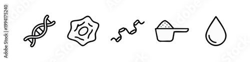 Hand-drawn outline icons of science, biology, and nutrition elements: DNA, cell, protein, and water. Black and white sketch style.