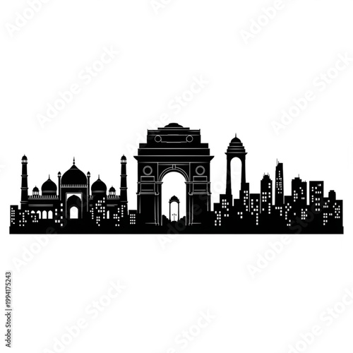 A black silhouette vector graphic of the India Gate and city skyline in New Delhi, India
