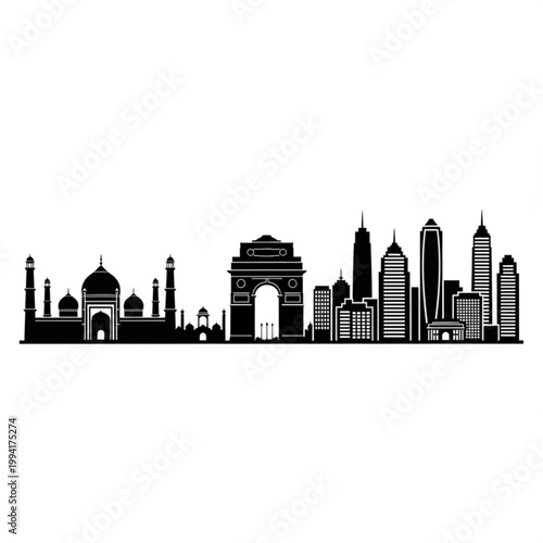A black silhouette of the New Delhi city skyline, featuring famous landmarks like the India Gate and Qutub Minar, set against a white background