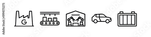 Clean outline icons for industry, manufacturing, automotive production, and energy solutions. Line art.