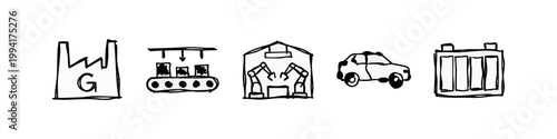 Hand-drawn doodle icons representing manufacturing, factory, assembly line, car production, and energy storage. Sketchy.
