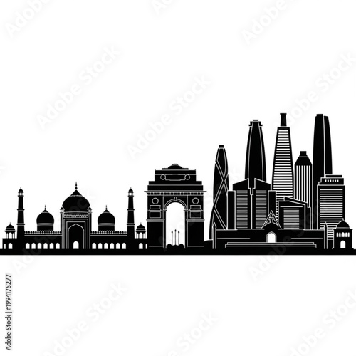 A black and white vector graphic illustration of the New Delhi city skyline, featuring iconic landmarks and modern skyscrapers in a flat, minimalist design