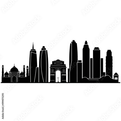 A black and white vector graphic illustration of the New Delhi city skyline, featuring iconic landmarks like the Taj Mahal and India Gate.