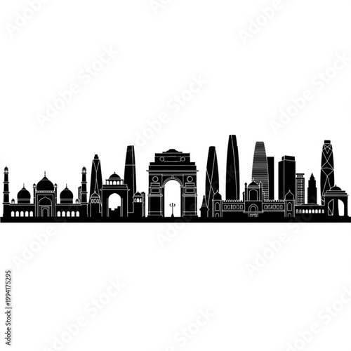 A black and white vector graphic illustration of the New Delhi city skyline, featuring iconic landmarks and modern architecture in a flat, minimalist design
