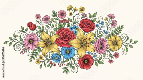 Colorful floral arrangement with roses, lilies, and other flowers on beige background.