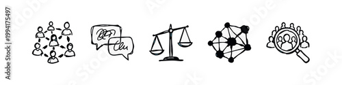 Hand-drawn icons: connected people, chat bubbles, scales of justice, network, people in magnifying glass.