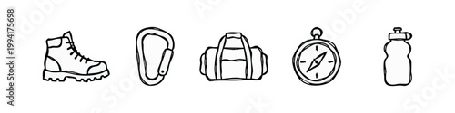 Hand-Drawn Hiking and Outdoor Adventure Sketch Icons