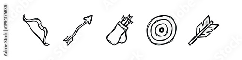 Hand Drawn Archery Equipment Sketch Icons Set with Bow Arrow Quiver and Target