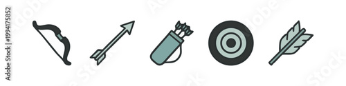 Flat Vector Archery Icons Set with Colored Bow Arrows Quiver and Target Illustration