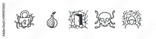 Hand Drawn Cyber Security and Dark Web Sketch Icons with Skull Onion and Hacker