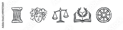 Hand Drawn Law and Philosophy Sketch Icons Set with Scales Pillar and Wreath