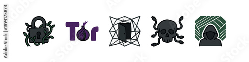 Colored Hacking and Cyber Security Icons Set with Skull Tor Onion and Hacker Symbols