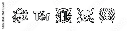 Clean Line Hacking and Privacy Icons Set Featuring Tor Onion and Cyber Security Symbols