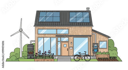 Modern Sustainable House with Solar Panels Wind Turbine and Green Energy Features Vector Illustration