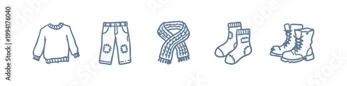 Hand Drawn Winter Clothing Icon Set with Sweater Jeans Scarf Socks and Boots