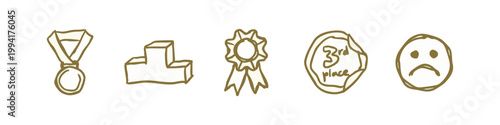 Hand Drawn Award and Achievement Icons with Medal Podium Ribbon and Sad Face