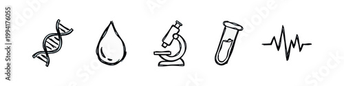 Rough Hand Drawn Medical Research Icons with DNA Microscope and Heartbeat