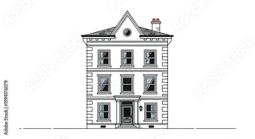 Classic Three-Story Victorian Townhouse Vector Illustration - Elegant European Architectural Building Design Isolated on White Background