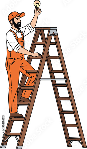Handyman standing on ladder fixing light bulb, home repair and maintenance concept, professional worker in uniform flat vector illustration isolated