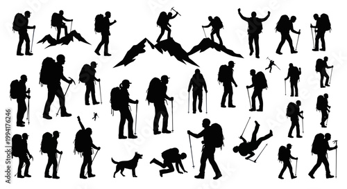 Hikers in various active poses outdoors.
