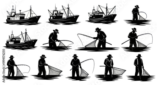 Silhouette of fishermen with fishing nets.