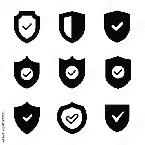 Security shield icon set with check marks, black minimalist protection symbols, 9 vector safety and insurance badges for web interface design