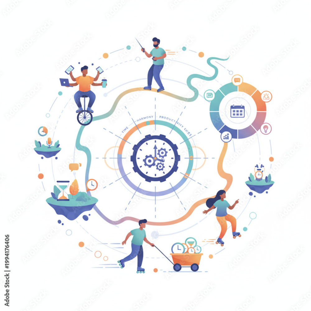 Fototapeta premium Time Management Work Life Balance Productivity Efficiency Flat Vector Illustration