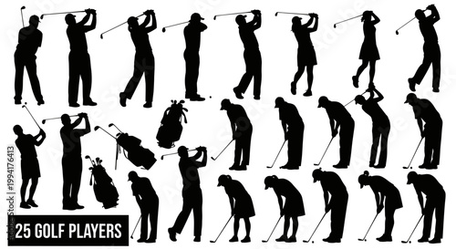 golf players in various poses swinging.