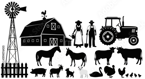 Farm animals and people standing together.
