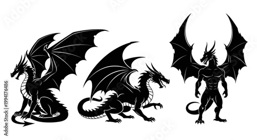 Three mythical dragon silhouettes standing.