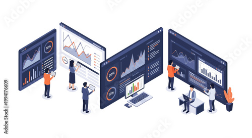 Isometric illustration of people analyzing data on large screens.