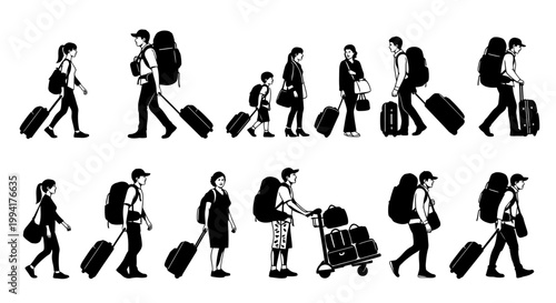 People walking with luggage silhouettes.