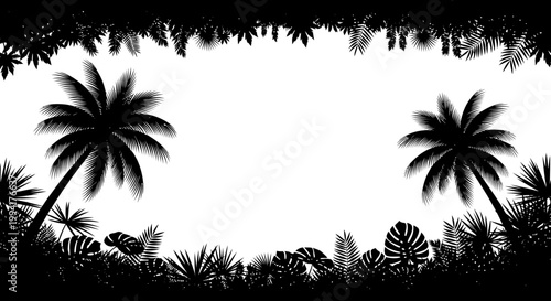 Black silhouettes of tropical palm trees.