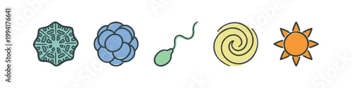 Hand Drawn Colored Science and Astronomy Icons Set Microbe Cells Sperm Galaxy Sun